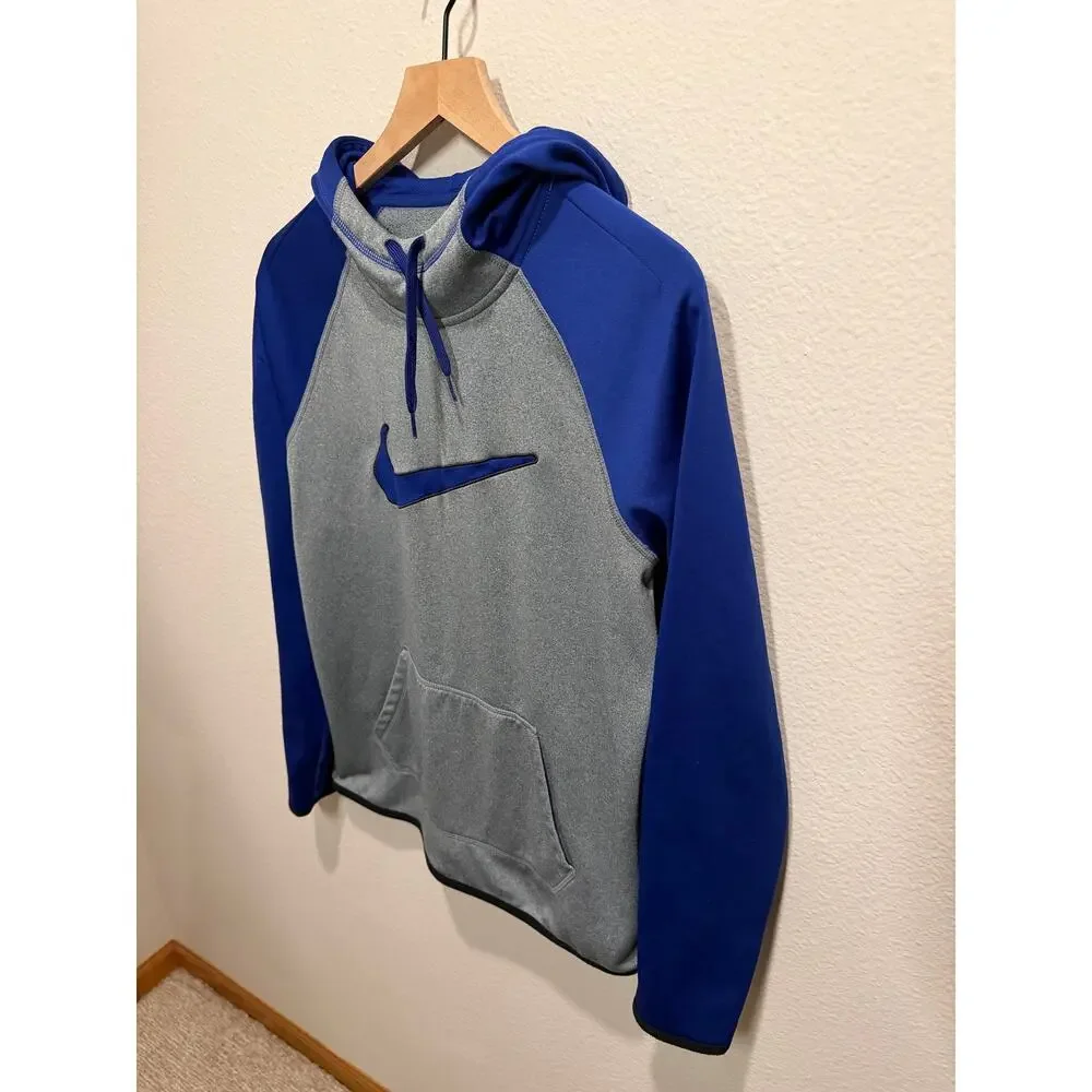 Nike Therma-FIT Gray Blue Raglan Swoosh Hoodie Sweatshirt Mens Size Medium